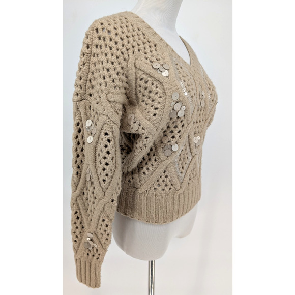 WHBM Sequin Cable Knit Sweater Beige Chunky Embellished Cozy Glam XS Holiday - Picture 5 of 14